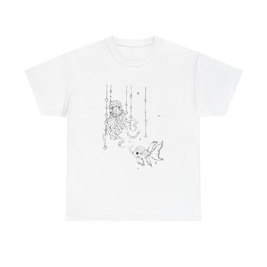 Celestial Jellyfish & Goldfish Fine Line T-Shirt - 100% Cotton Unisex Hand Drawn Tee - Wax | Wane - artistic tee - T-Shirt2