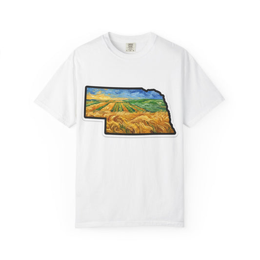 LNK.Nebraska Wheat Fields T-Shirt — Vincent Van Gogh Style Prairie State Art | 100% Cotton Comfort Colors Nebraska Gift - Wax | Wane - farmhouse decor - T-Shirt2