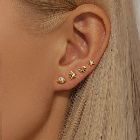 Sterling Silver Celestial Earrings - 4 piece Set with Saturn, Moon, Star, and Sun - Wax | Wane