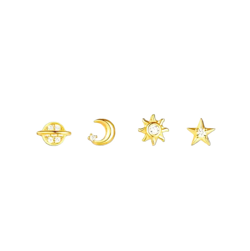 Sterling Silver Celestial Earrings - 4 piece Set with Saturn, Moon, Star, and Sun - Wax | Wane