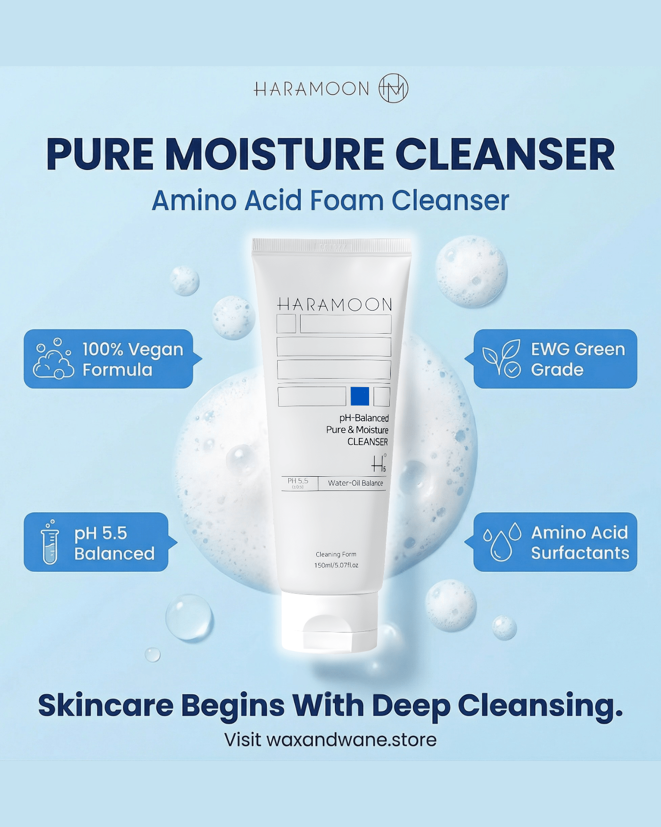 HARAMOON Pure Moisture Cleanser — Amino Acid Foam, pH 5.5, 100% Vegan, EWG Green Grade