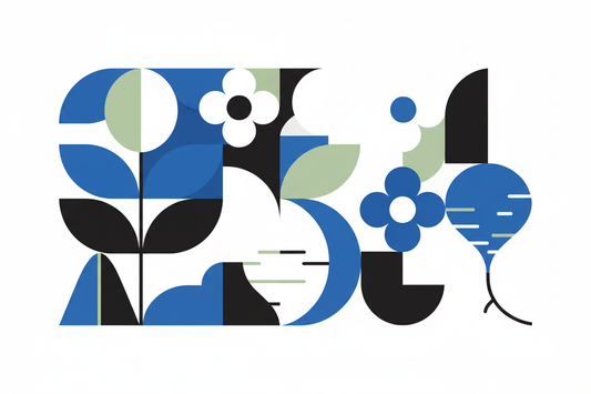 botanical vector — stylized comfrey, chamomile, and sugar beet in the blue/white/black mid-century palette