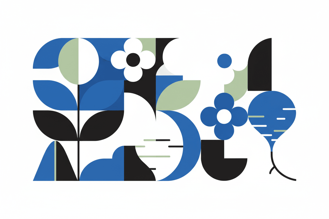 botanical vector — stylized comfrey, chamomile, and sugar beet in the blue/white/black mid-century palette