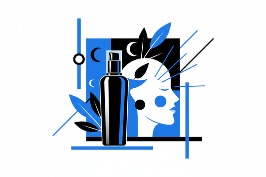 Mid-century modern HARAMOON skincare editorial illustration in bright blue, white, and black — independent beauty brand storytelling