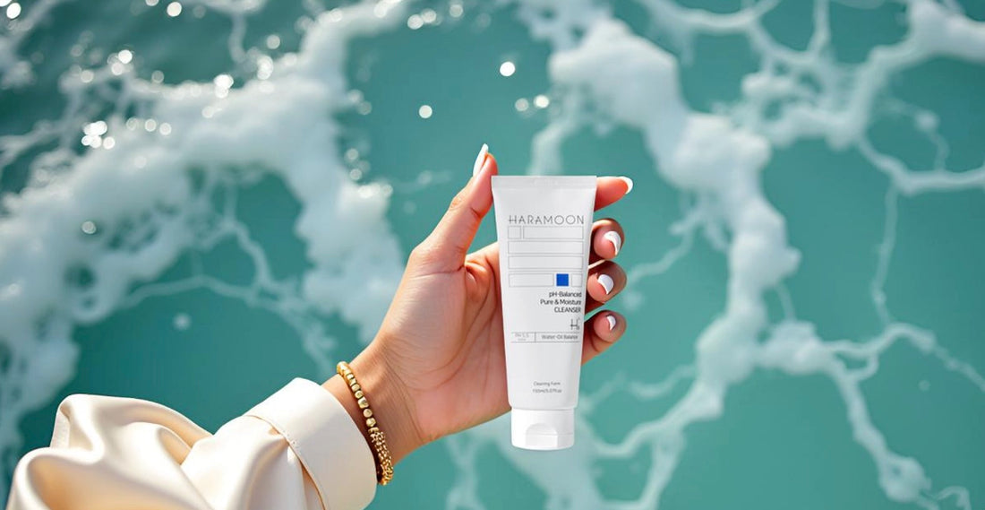 HARAMOON pure moisture cleanser over the ocean waves, hydration starts here.