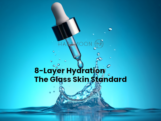 Flatlay of a hyaluronic acid serum and lightweight toner arranged for a K-beauty layering routine — HARAMOON skincare editorial on the 7-layer method