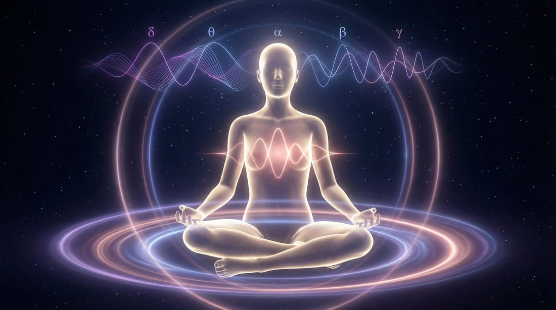 Luminous human silhouette in meditation with visible brainwave frequencies and heart coherence energy field