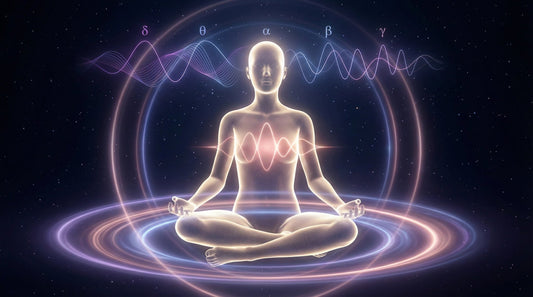 Luminous human silhouette in meditation with visible brainwave frequencies and heart coherence energy field