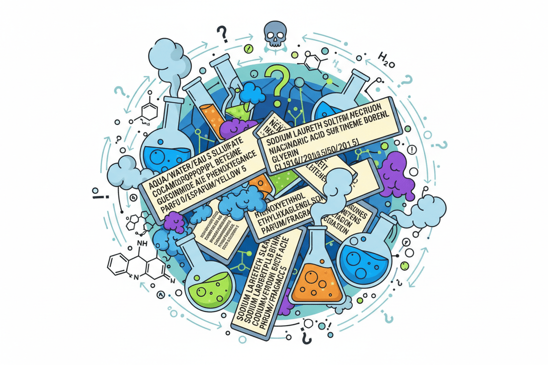 confusion and complexity depicted in understanding skincare product ingredient labels