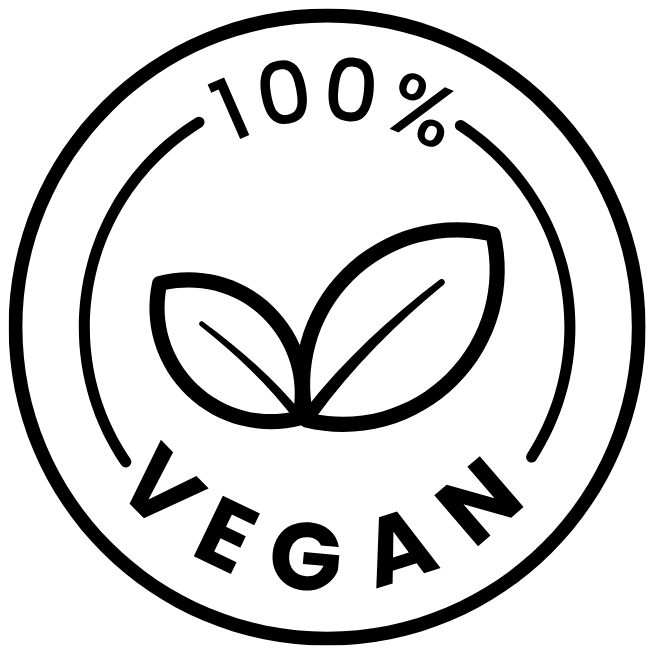 100% Vegan logo with leaves inside a circle on a white background