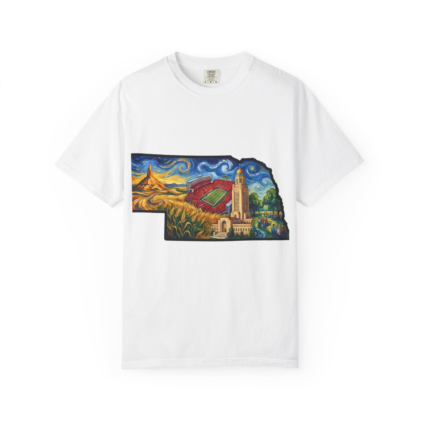 LNK.Nebraska Iconic Landmarks T-Shirt — Vincent Van Gogh Style State Art | Big Red Game Day Nebraska Gift Tee