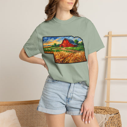 LNK.Nebraska Red Barn Vincent Van Gogh Style T-Shirt - 100% Cotton Nebraska State Gift Tshirt