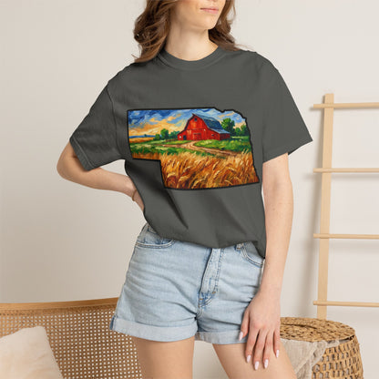 LNK.Nebraska Red Barn Vincent Van Gogh Style T-Shirt - 100% Cotton Nebraska State Gift Tshirt