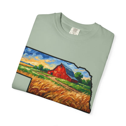 LNK.Nebraska Red Barn Vincent Van Gogh Style T-Shirt - 100% Cotton Nebraska State Gift Tshirt