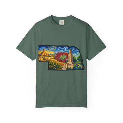 LNK.Nebraska Iconic Landmarks T-Shirt — Vincent Van Gogh Style State Art | Big Red Game Day Nebraska Gift Tee