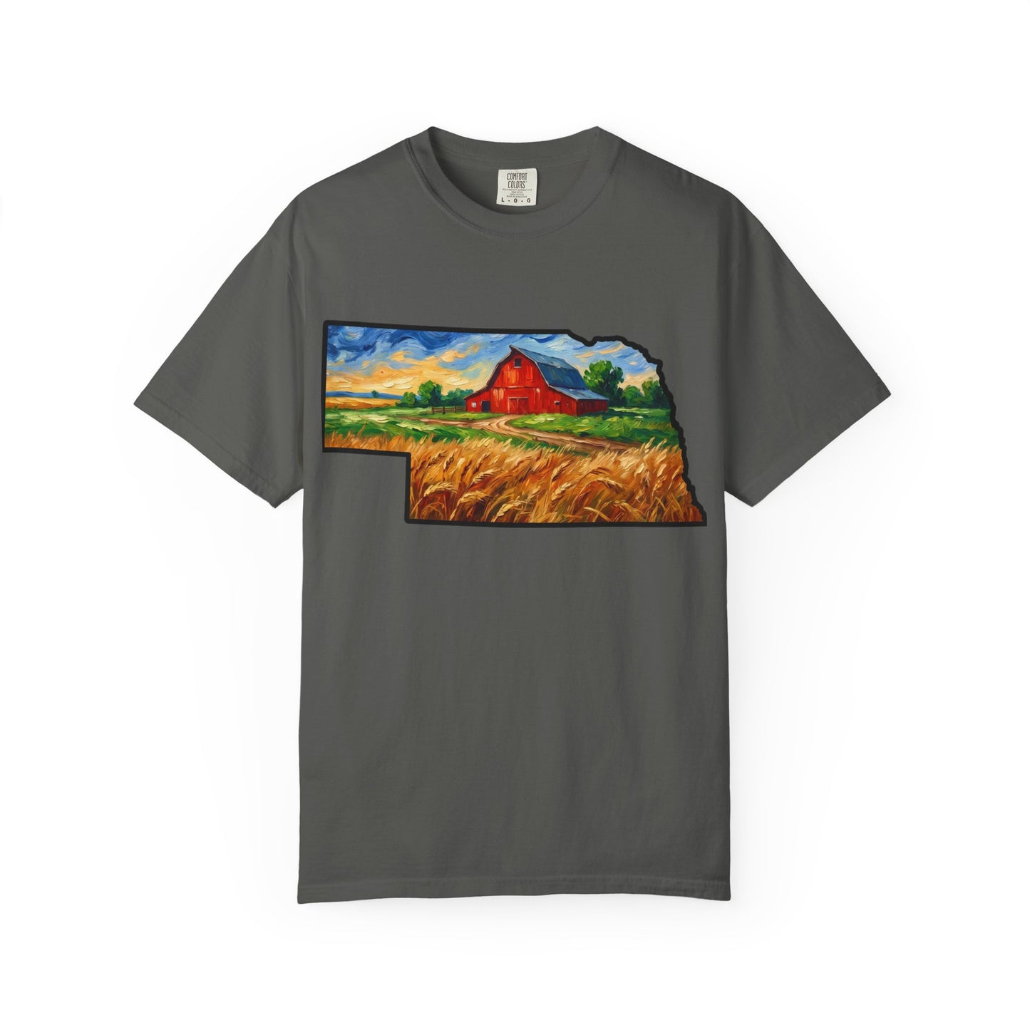 LNK.Nebraska Red Barn Vincent Van Gogh Style T-Shirt - 100% Cotton Nebraska State Gift Tshirt