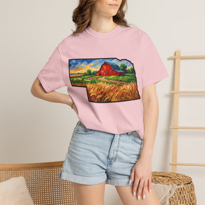 LNK.Nebraska Red Barn Vincent Van Gogh Style T-Shirt - 100% Cotton Nebraska State Gift Tshirt