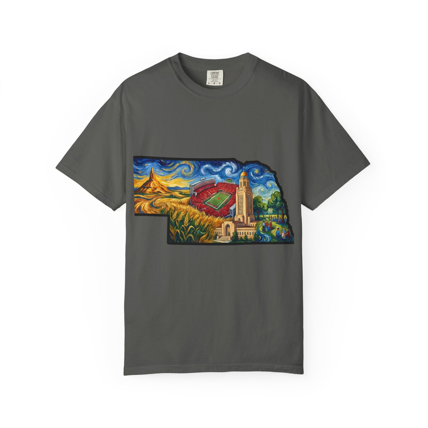 LNK.Nebraska Iconic Landmarks T-Shirt — Vincent Van Gogh Style State Art | Big Red Game Day Nebraska Gift Tee