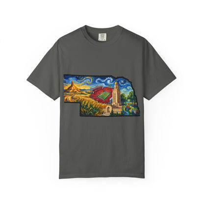 LNK.Nebraska Iconic Landmarks T-Shirt — Vincent Van Gogh Style State Art | Big Red Game Day Nebraska Gift Tee