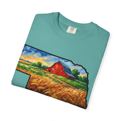 LNK.Nebraska Red Barn Vincent Van Gogh Style T-Shirt - 100% Cotton Nebraska State Gift Tshirt