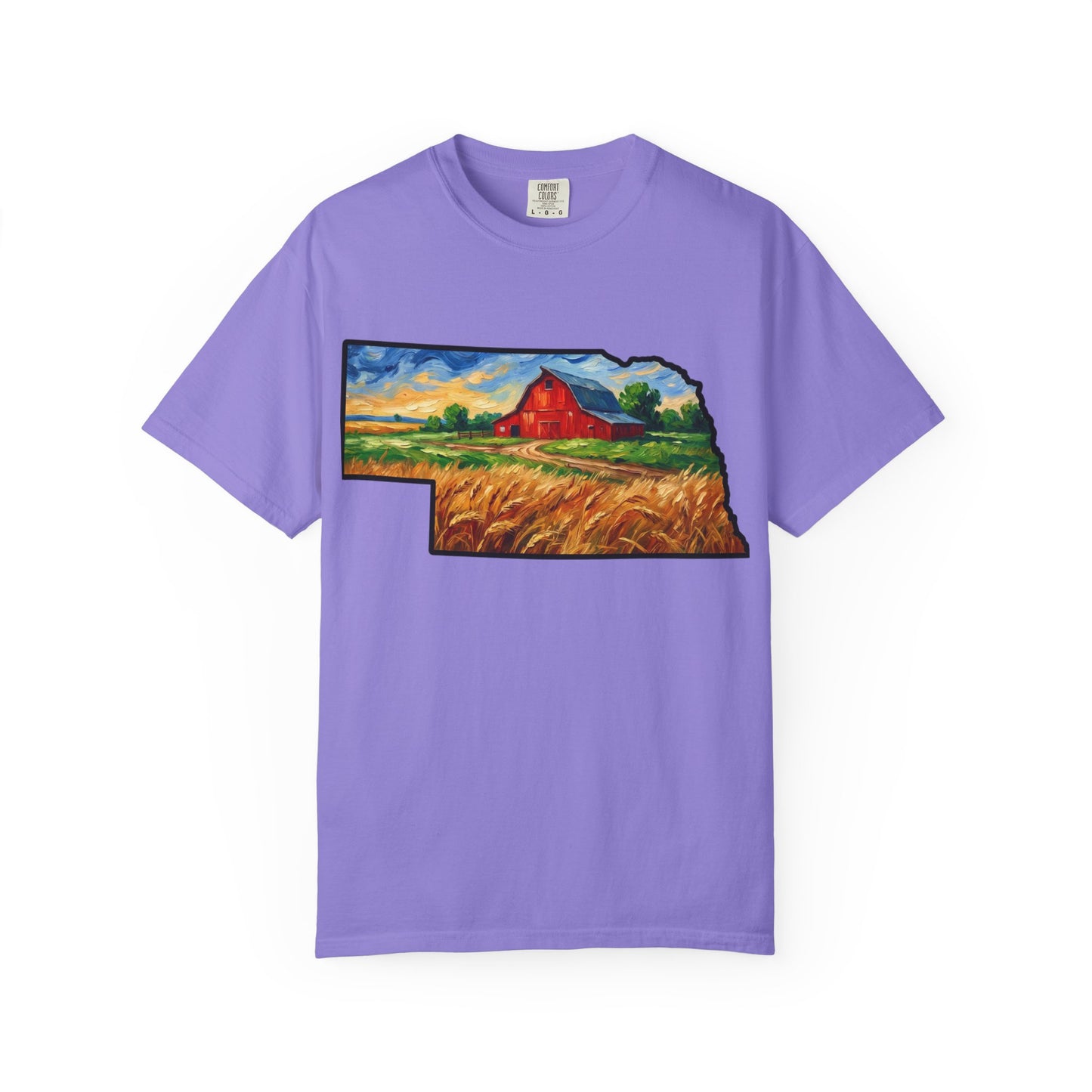 LNK.Nebraska Red Barn Vincent Van Gogh Style T-Shirt - 100% Cotton Nebraska State Gift Tshirt