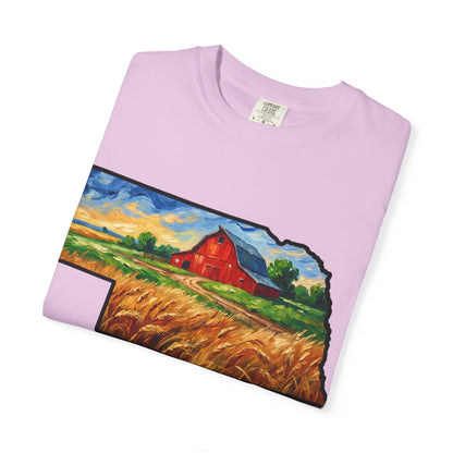 LNK.Nebraska Red Barn Vincent Van Gogh Style T-Shirt - 100% Cotton Nebraska State Gift Tshirt