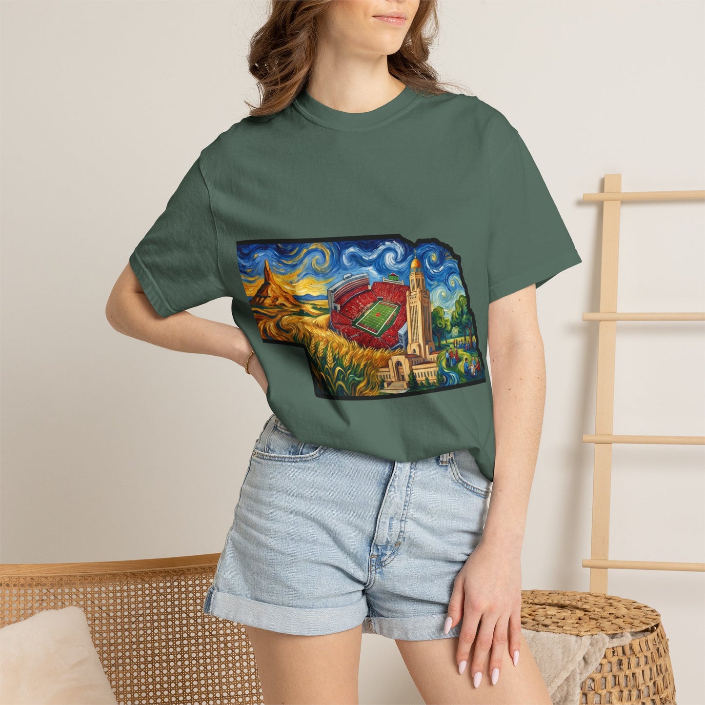 LNK.Nebraska Iconic Landmarks T-Shirt — Vincent Van Gogh Style State Art | Big Red Game Day Nebraska Gift Tee