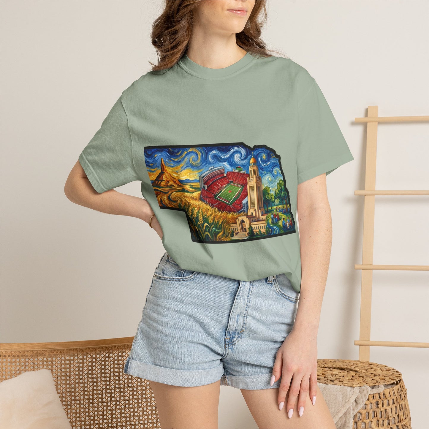 LNK.Nebraska Iconic Landmarks T-Shirt — Vincent Van Gogh Style State Art | Big Red Game Day Nebraska Gift Tee
