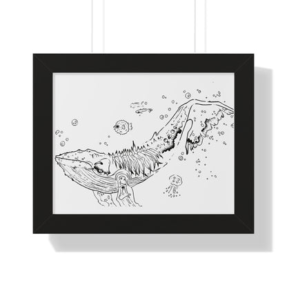 Blub Blub! ~ Hand-Drawn Whale Framed Poster — Nautical Ink Illustration