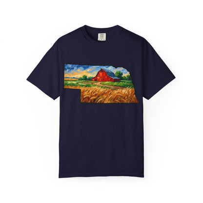 LNK.Nebraska Red Barn Vincent Van Gogh Style T-Shirt - 100% Cotton Nebraska State Gift Tshirt