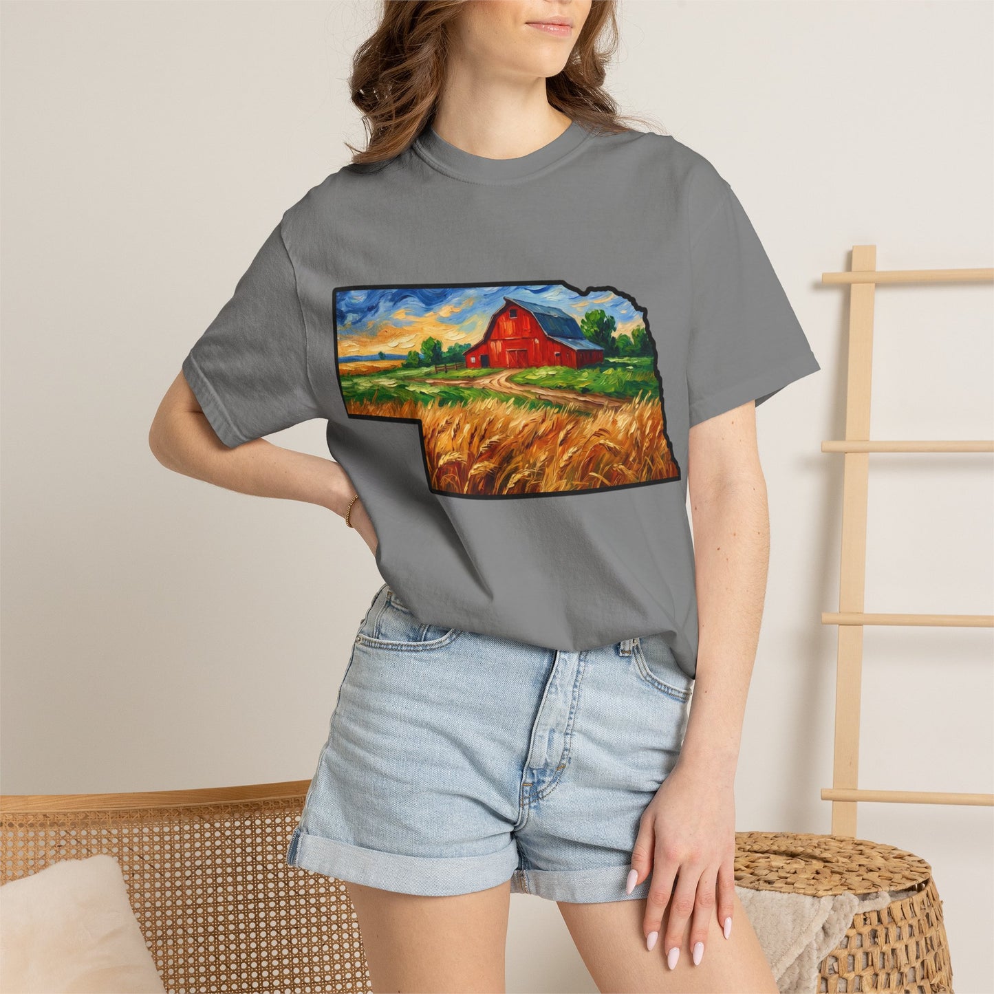 LNK.Nebraska Red Barn Vincent Van Gogh Style T-Shirt - 100% Cotton Nebraska State Gift Tshirt
