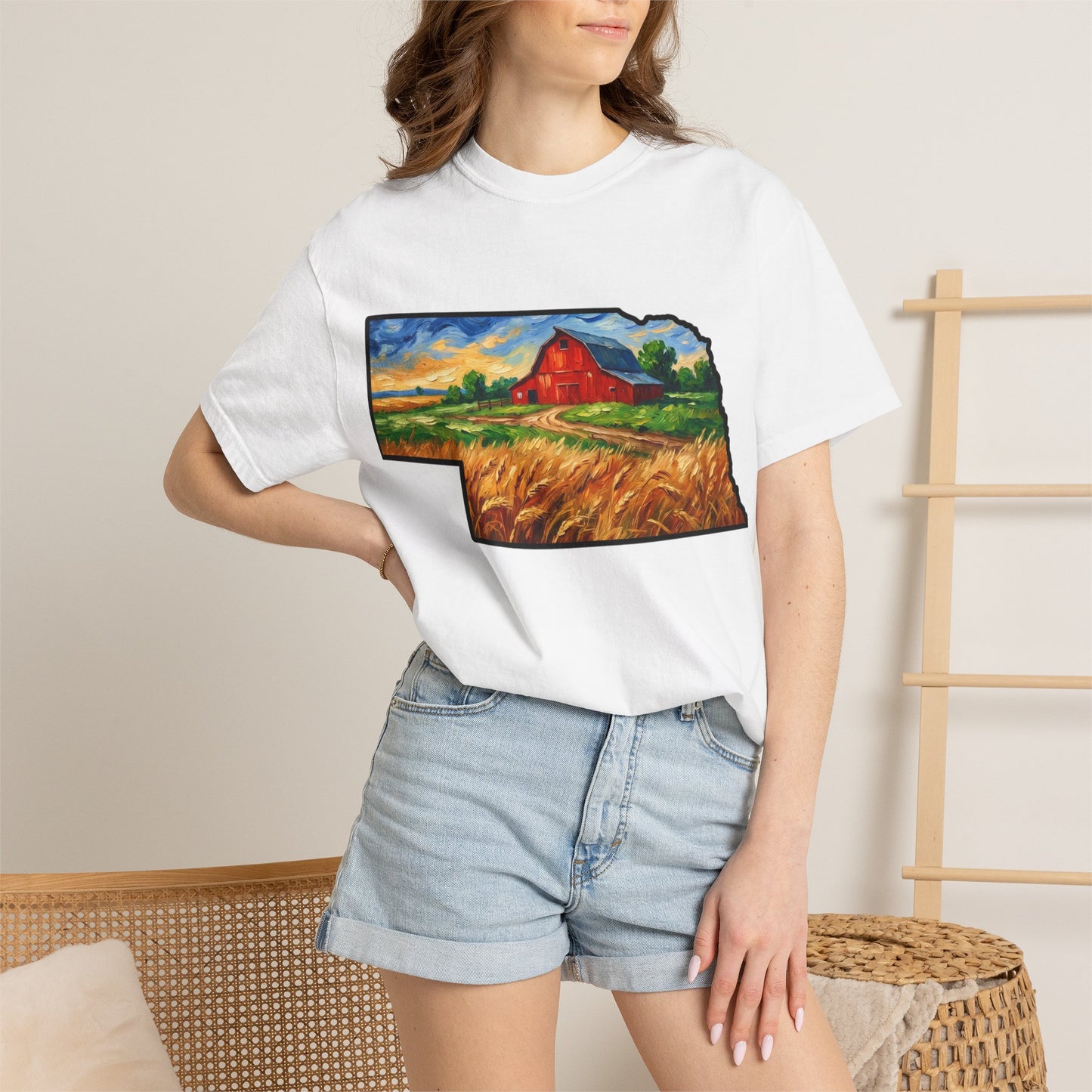LNK.Nebraska Red Barn Vincent Van Gogh Style T-Shirt - 100% Cotton Nebraska State Gift Tshirt