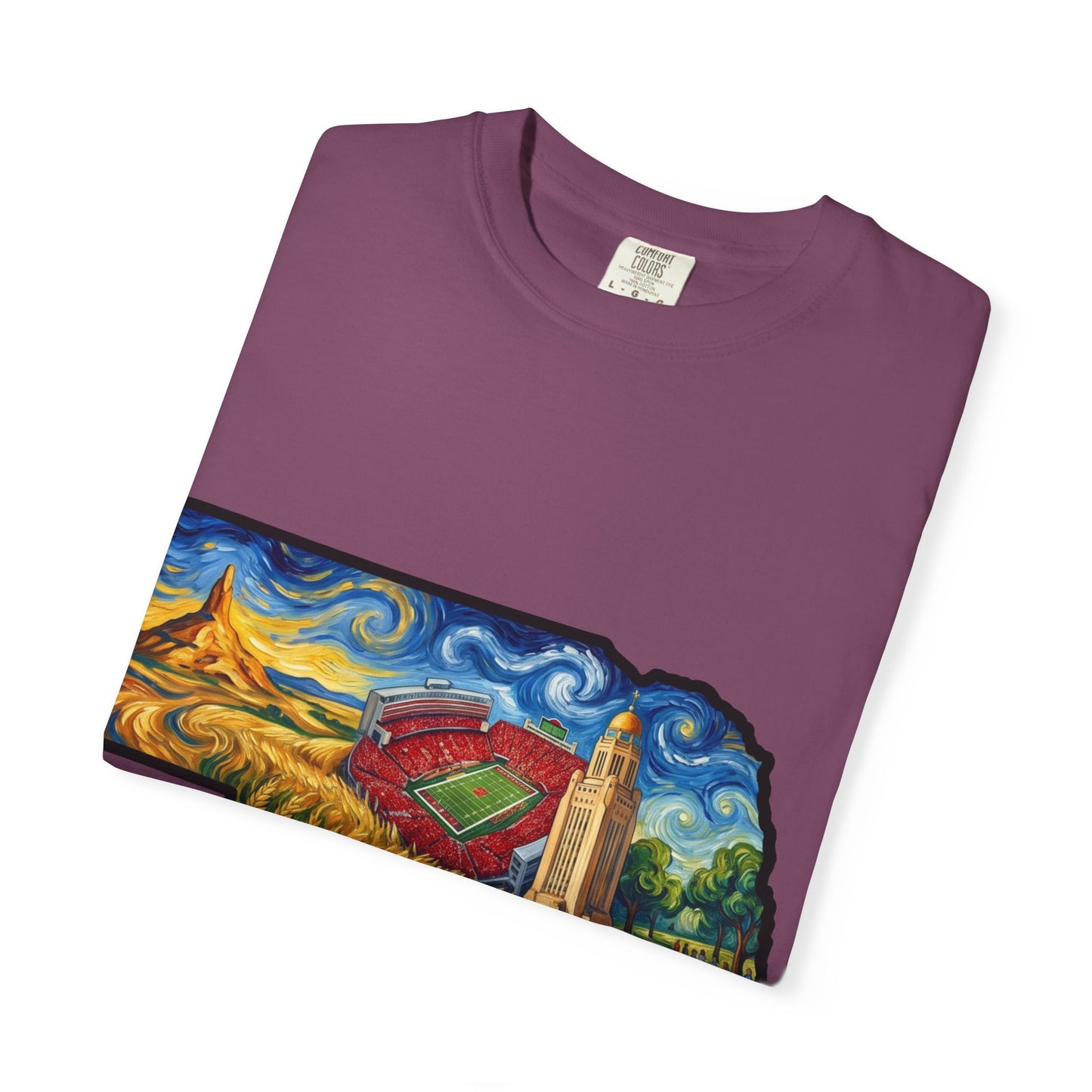 LNK.Nebraska Iconic Landmarks T-Shirt — Vincent Van Gogh Style State Art | Big Red Game Day Nebraska Gift Tee