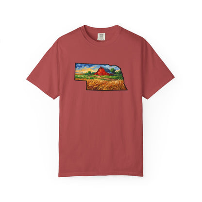LNK.Nebraska Red Barn Vincent Van Gogh Style T-Shirt - 100% Cotton Nebraska State Gift Tshirt