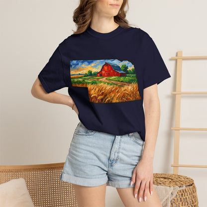 LNK.Nebraska Red Barn Vincent Van Gogh Style T-Shirt - 100% Cotton Nebraska State Gift Tshirt