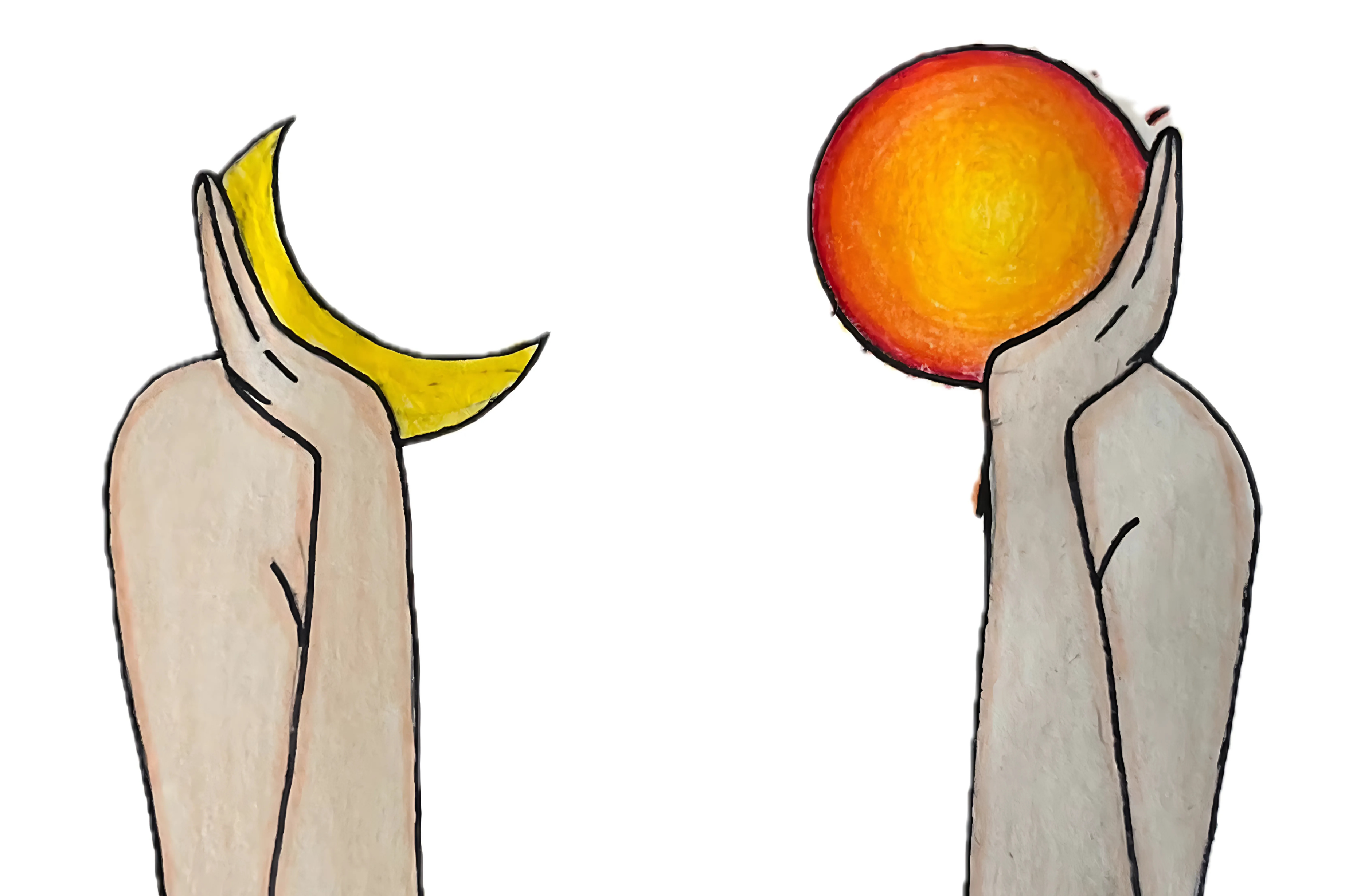 Illustration of hands holding a crescent moon and a full moon against a white background
