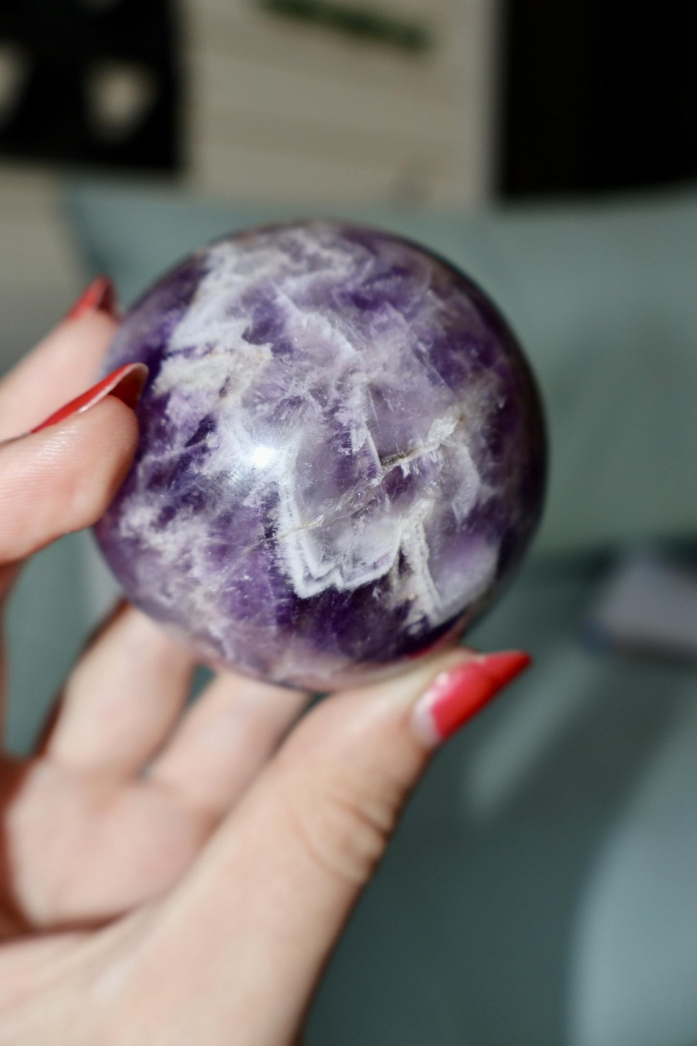 Amethyst Crystal Ball – Extra Large 3" Sphere, Modern and Meaningful, Zig Zag, Chevron Patterns - Wax | Wane - Amethyst - Crystal4