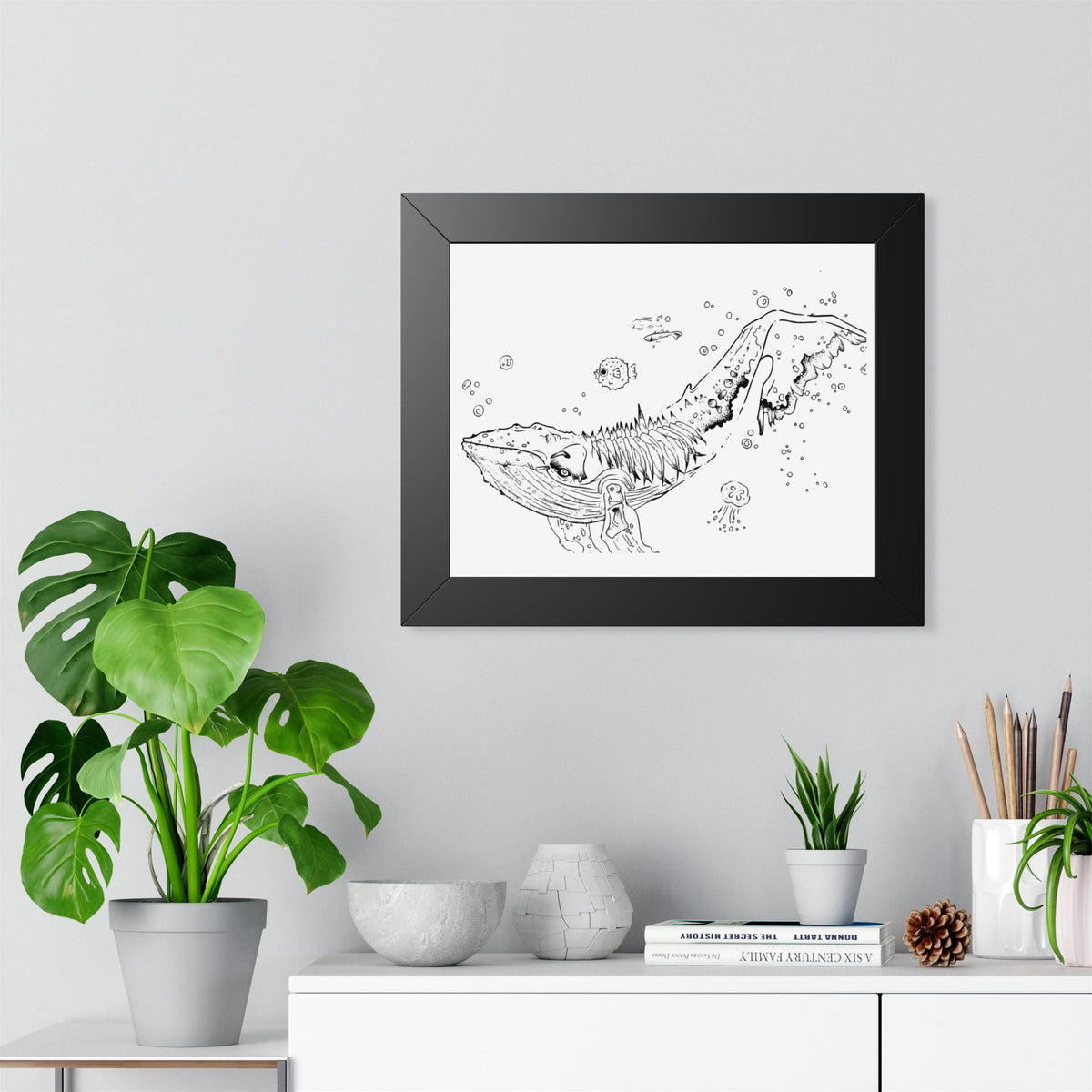 Blub Blub! ~ Hand-Drawn Whale Framed Poster — Nautical Ink Illustration - Wax | Wane - bathroom decor - Poster2