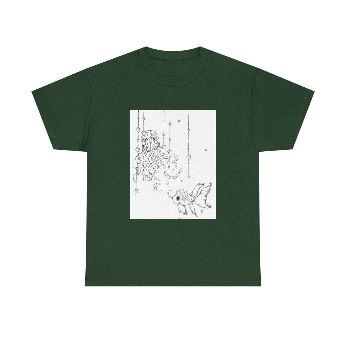 Celestial Jellyfish & Goldfish Fine Line T-Shirt - 100% Cotton Unisex Hand Drawn Tee - Wax | Wane - artistic tee - T-Shirt5