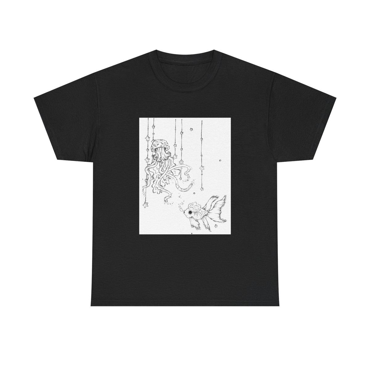 Celestial Jellyfish & Goldfish Fine Line T-Shirt - 100% Cotton Unisex Hand Drawn Tee - Wax | Wane - artistic tee - T-Shirt3