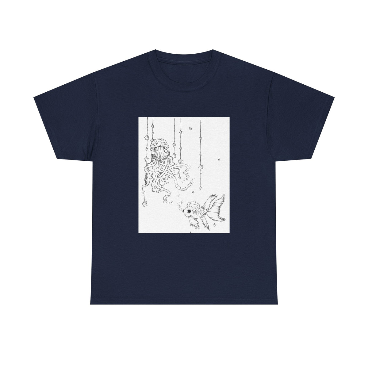 Celestial Jellyfish & Goldfish Fine Line T-Shirt - 100% Cotton Unisex Hand Drawn Tee - Wax | Wane - artistic tee - T-Shirt8