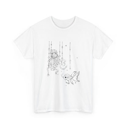 Celestial Jellyfish & Goldfish Fine Line T-Shirt - 100% Cotton Unisex Hand Drawn Tee - Wax | Wane - artistic tee - T-Shirt14