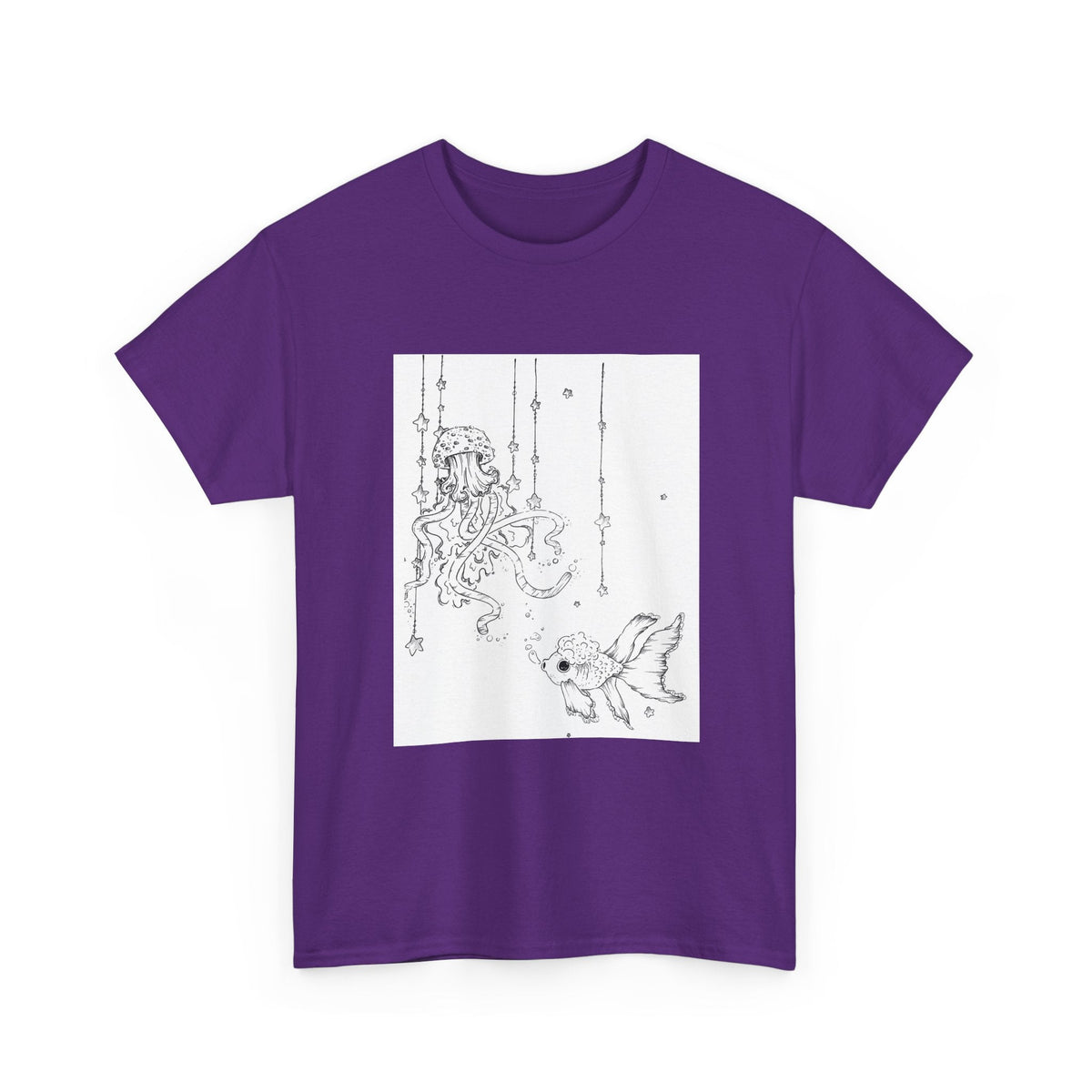 Celestial Jellyfish & Goldfish Fine Line T-Shirt - 100% Cotton Unisex Hand Drawn Tee - Wax | Wane - artistic tee - T-Shirt35