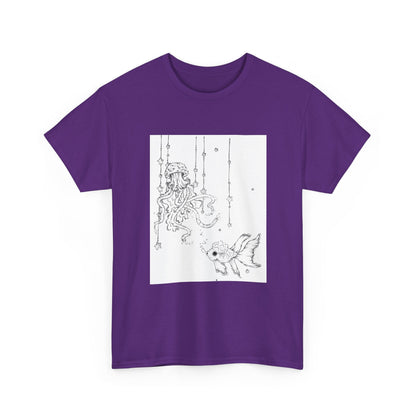Celestial Jellyfish & Goldfish Fine Line T-Shirt - 100% Cotton Unisex Hand Drawn Tee - Wax | Wane - artistic tee - T-Shirt35