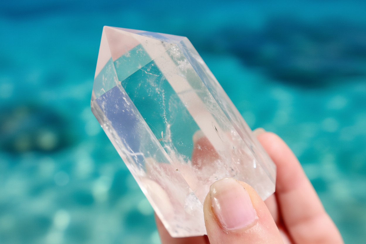 Crystal held in a hand with a blurred blue water background