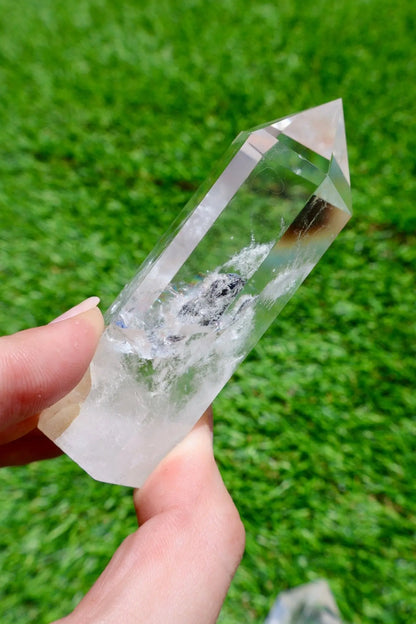 glimmering Clear Quartz Energy Point with Thicker 1.5" Base, Rare 3-4 inch in studio background