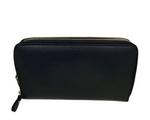Black leather wallet with gold zipper on a white background
