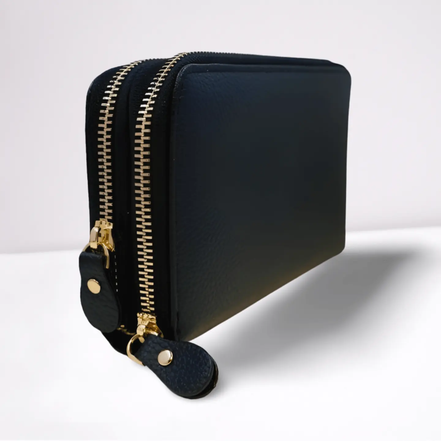 EMF RFID Wallet (Black), Double Zipper Vegan Leather Protects - Wax | Wane - 1