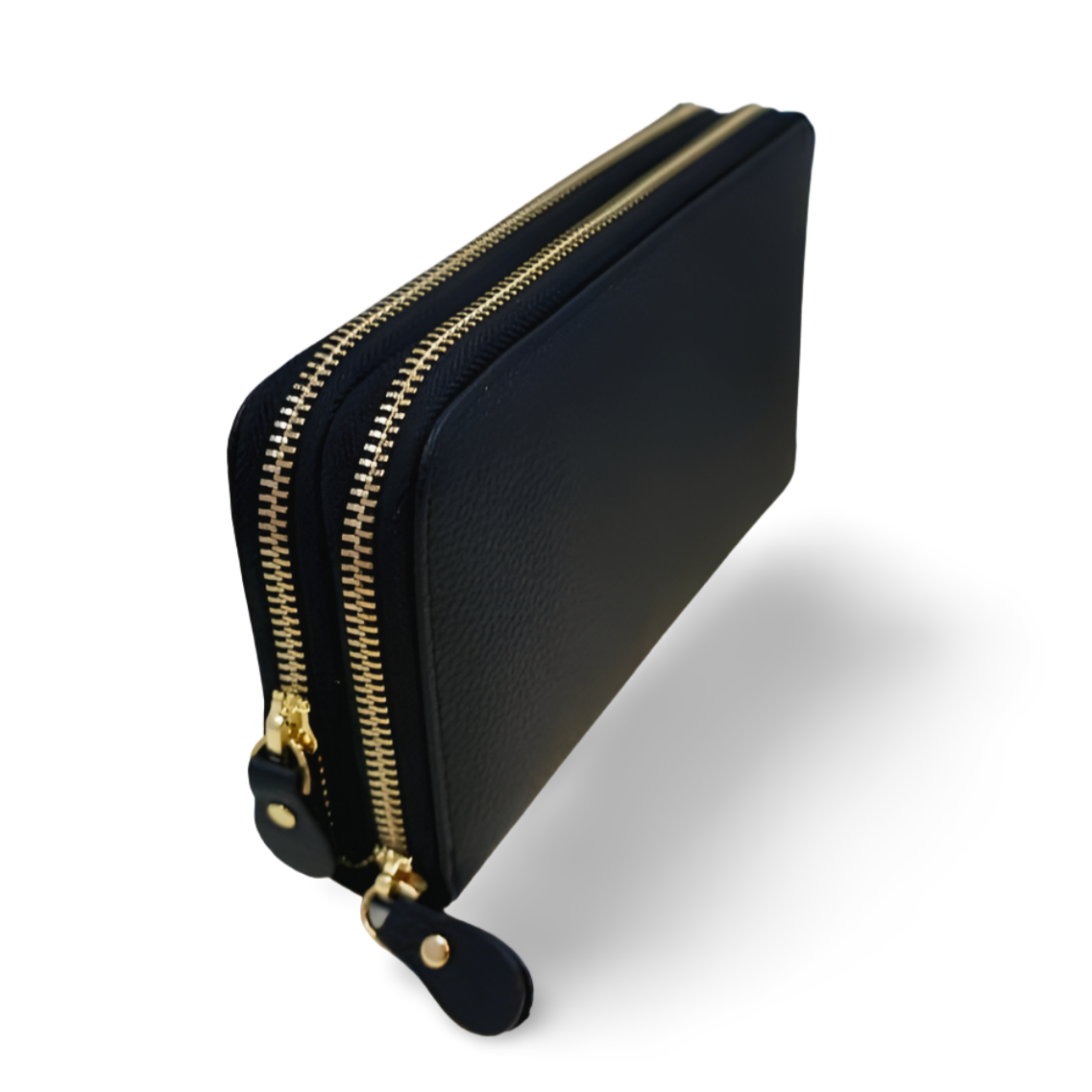 Black pouch with gold zipper on a white background