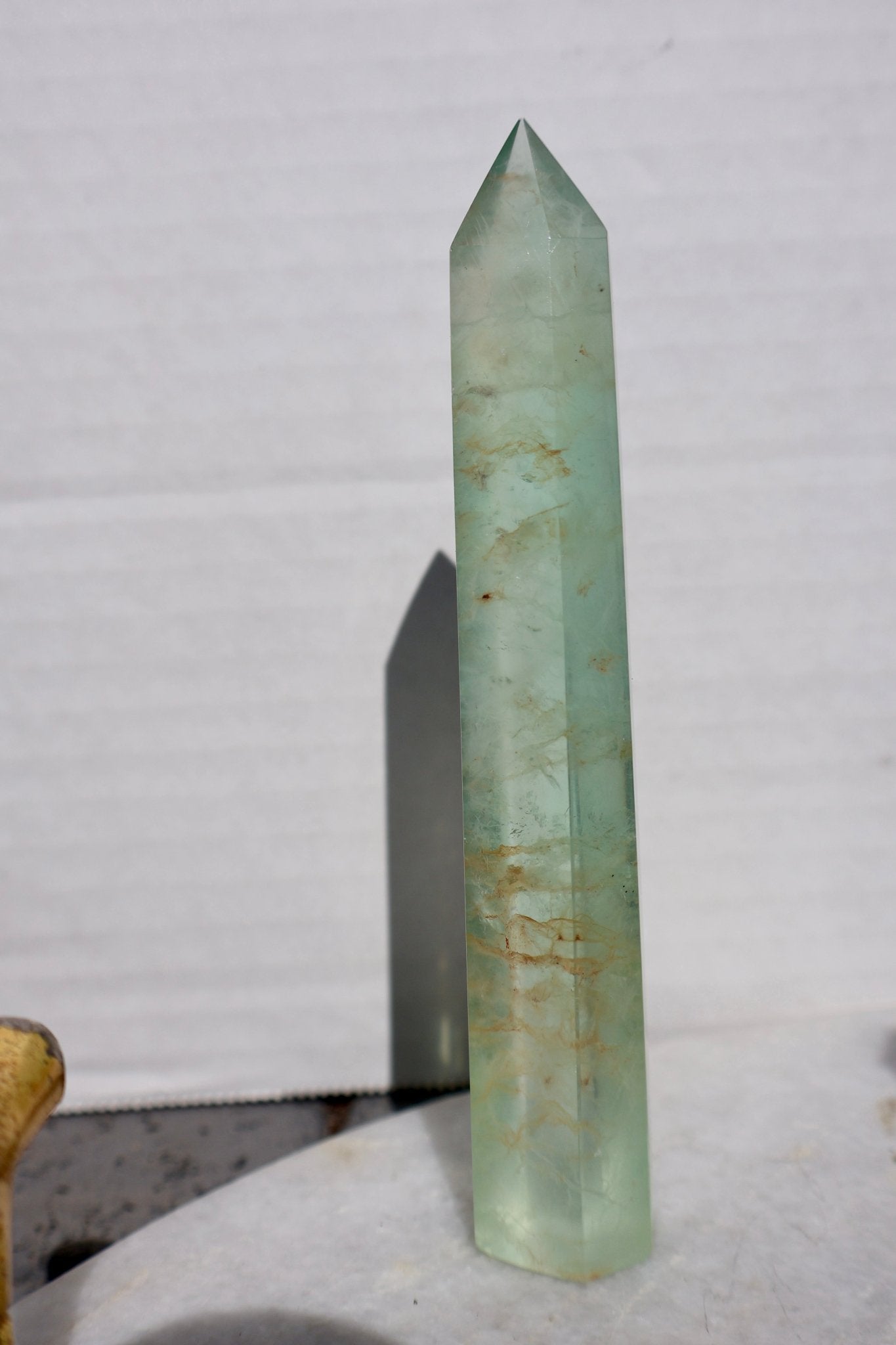 Fluorite Crystal Tower – Glassy Golden Healer Light Green (Translucent) Tower | Natural Gemstone Obelisk in 2 Sizes, ONE PIECE - Wax | Wane - clear green fluorite - Crystal Tower1